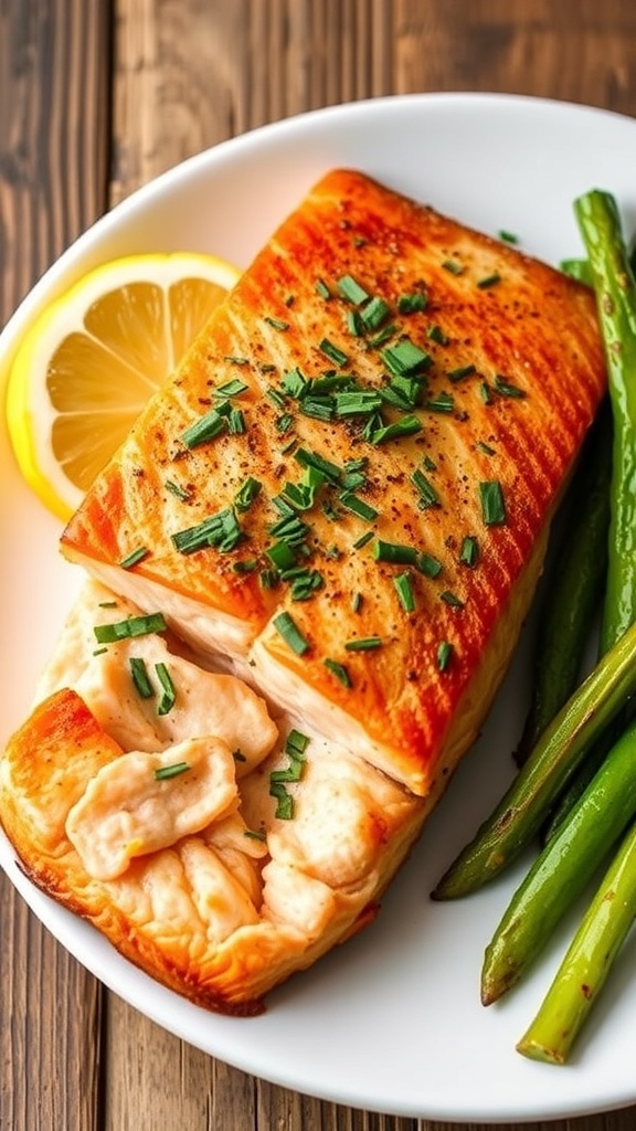 Air fryer salmon fillet garnished with herbs and lemon, served with vegetables on a rustic table.